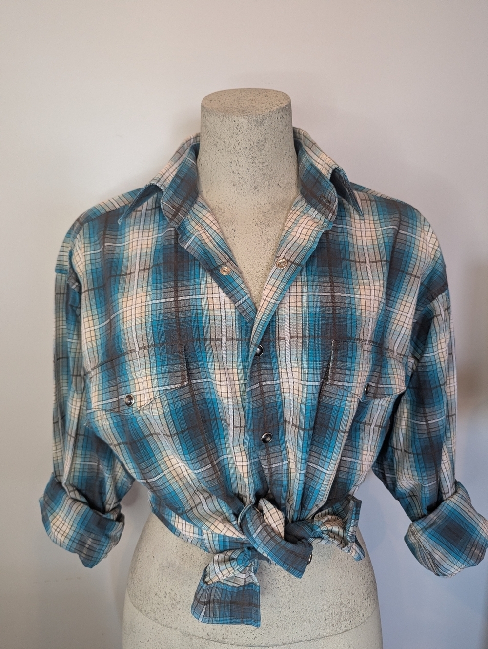 Panhandle Cowgirl Shorts plaid Teal & Gray Cotton Snap Western  Sz Medium Tall